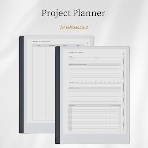 Puede incluir: Una plantilla de planificador de proyectos digital para tabletas reMarkable 2. La pantalla muestra una página de resumen de proyecto con campos para título, fecha de inicio, objetivos, seguimiento de progreso y lista de hitos.