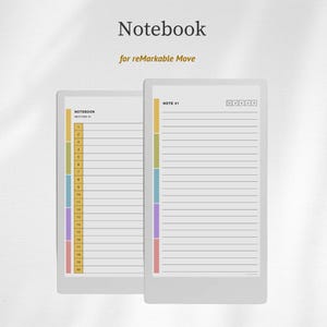 Puede incluir: Dos cuadernos digitales para reMarkable Move. Los cuadernos son blancos con páginas rayadas y pestañas de colores. El texto "Notebook" y "for reMarkable Move" están en la parte superior. Un cuaderno tiene secciones numeradas.