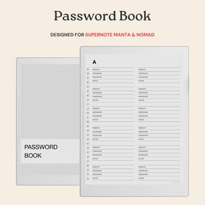 Op de afbeelding: Een wachtwoordboek met de titel "Password Book" bovenaan en de woorden "Designed for Supernote Manta & Nomad" eronder. Het boek is open op een pagina met lijnen voor website, gebruikersnaam, wachtwoord en notities. Het boek is lichtgrijs.