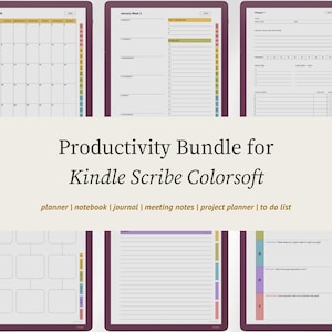 May include: A digital productivity bundle for Kindle Scribe Colorsoft. The image shows various planner pages, including a calendar, to-do list, and project planner. The pages have colorful tabs and are designed for digital note-taking and organization.