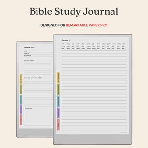 May include: Two digital tablets displaying a Bible Study Journal. The text "Bible Study Journal" is at the top, with "Designed for Remarkable Paper Pro" below. The journal pages have lined sections and colorful tabs for organization.