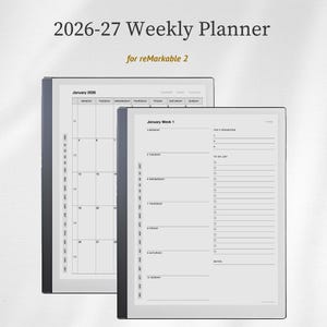 May include: Two digital planners for reMarkable 2. The left planner displays a calendar for January 2026, while the right planner shows a weekly layout with sections for priorities and to-do lists. The text at the top reads "2026-27 Weekly Planner".