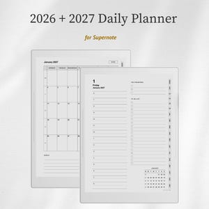 May include: A digital 2026 and 2027 daily planner for Supernote featuring a clean white interface with black text. The layout includes a monthly calendar view for January 2027 and a daily schedule page with sections for top priorities and to-do lists.