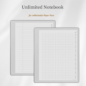 Pode incluir: Unlimited Notebook for reMarkable Paper Pure. São exibidas duas telas de tablet digital, uma mostrando um layout de página com linhas e a outra um layout de grade com uma barra de navegação lateral numerada.