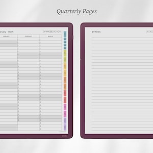 May include: Two digital tablet screens displaying Quarterly Pages. The left screen shows a January through March calendar grid. The right screen shows a lined notes page. Both screens feature colorful side tabs and the text Q1.