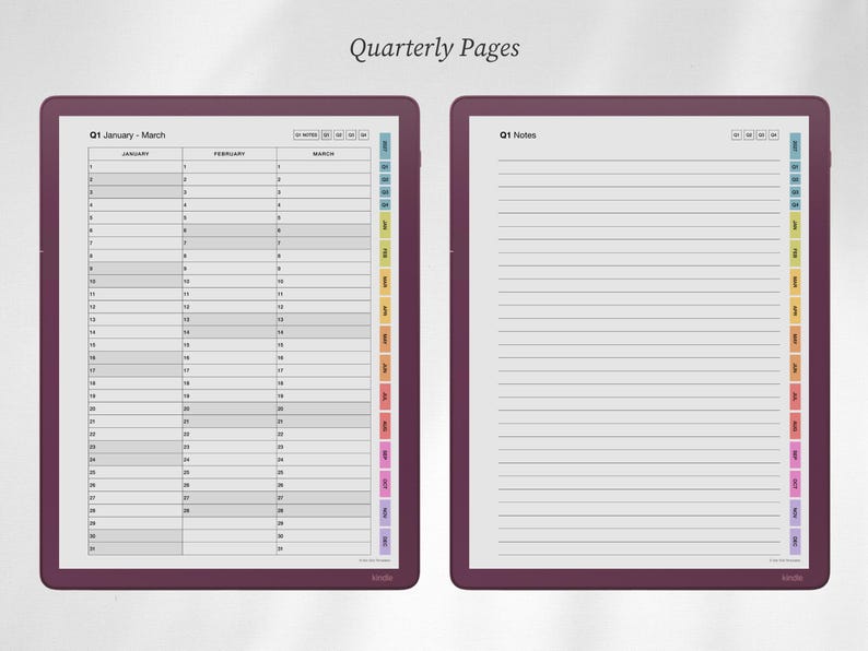 May include: Two digital tablet screens displaying Quarterly Pages. The left screen shows a January through March calendar grid. The right screen shows a lined notes page. Both screens feature colorful side tabs and the text Q1.