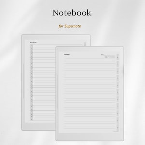 May include: Two digital notebooks with lined pages are shown against a white backdrop. The text "Notebook for Supernote" is at the top. One notebook is labelled "Section 1" and the other "Notes 1". The notebooks have a minimalist design.