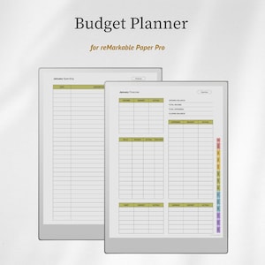 Pode incluir: Um planejador de orçamento digital para reMarkable Paper Pro com duas telas de tablet exibindo modelos financeiros. As telas mostram tabelas para despesas e finanças de janeiro com colunas para orçamento, receitas e valores reais.
