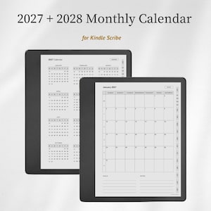 Può includere: Due tablet digitali neri che mostrano un calendario mensile 2027 e 2028 per Kindle Scribe. Gli schermi presentano una panoramica annuale e una griglia mensile dettagliata di gennaio 2027 con sezioni per obiettivi e note in bianco e nero.