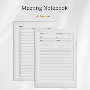 May include: A digital meeting notebook template for Supernote featuring two white tablet screens. One screen displays a numbered list from 1 to 30, while the other shows a meeting summary layout with fields for subject, date, time, agenda, and notes.