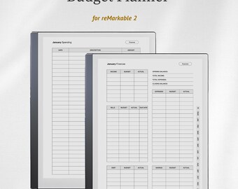 May include: A digital budget planner for reMarkable 2 tablets, featuring two screens displaying financial templates. The text reads Budget Planner for reMarkable 2, January Spending, and January Finances, with columns for date, description, amount, income, budget, and actual.