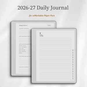 Puede incluir: Un diario digital diario para 2026-27, diseñado para reMarkable Paper Pure. El diario presenta una página de reflexión de enero y una página diaria con espacios rayados para notas. La fecha "3 viernes julio de 2026" es visible.