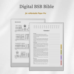 May include: Digital BSB Bible for reMarkable Paper Pro. The image shows a digital Bible displayed on an e-reader, with the text "Digital BSB Bible" at the top. The e-reader displays the text of Genesis 1, with colored tabs on the side.