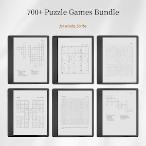 Pu&ograve; includere: Un pacchetto digitale di oltre 700 giochi di logica per Kindle Scribe, con sei schermi neri di e-reader che mostrano vari puzzle in bianco e nero, inclusi cruciverba, Sudoku, labirinti e ricerche di parole con griglie chiare.