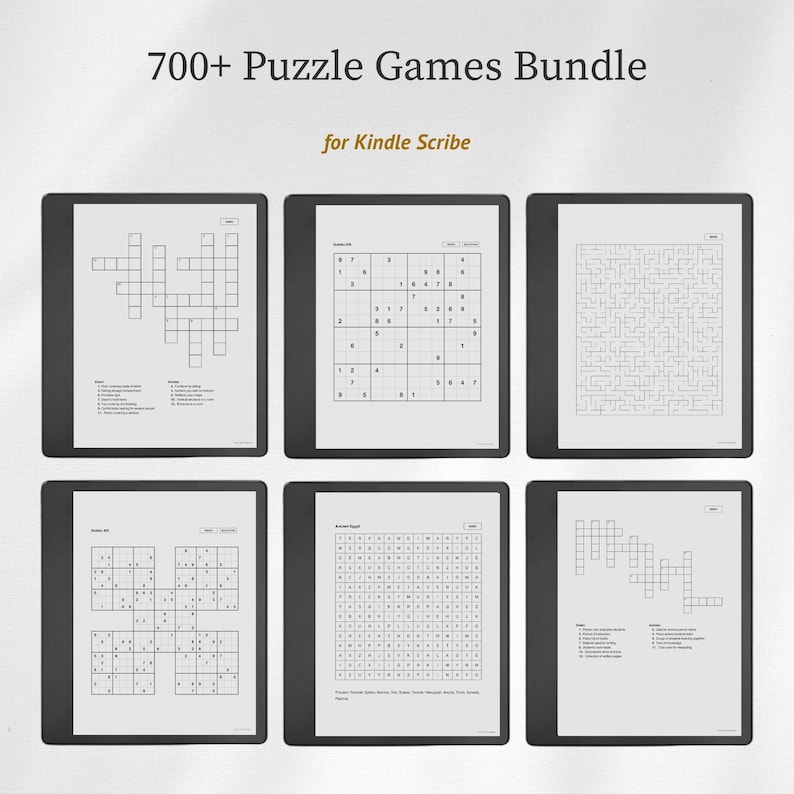 Pu&ograve; includere: Un pacchetto digitale di oltre 700 giochi di logica per Kindle Scribe, con sei schermi neri di e-reader che mostrano vari puzzle in bianco e nero, inclusi cruciverba, Sudoku, labirinti e ricerche di parole con griglie chiare.