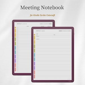 May include: Two digital tablets with a burgundy border, displaying meeting notebook templates. The top tablet shows an action plan layout, while the bottom one features a summary format. The text "Meeting Notebook" and "for Kindle Scribe Colorsoft" are visible.