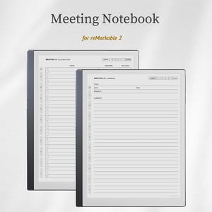 Puede incluir: Dos cuadernos digitales con el texto "Meeting Notebook" y "for reMarkable 2". Los cuadernos tienen un fondo blanco con bordes negros y páginas rayadas. Uno muestra un plan de acción, el otro un resumen.