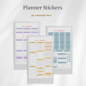 May include: Three sheets of digital planner stickers for reMarkable Move, featuring various organizational layouts, task lists, calendars, and labels in pastel purple, yellow, and blue tones, with the text Planner Stickers for reMarkable Move.
