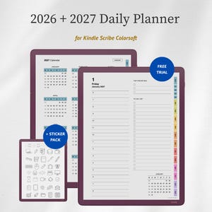 May include: A 2026 and 2027 daily planner for Kindle Scribe Colorsoft featuring a calendar view, a daily schedule page with a to-do list, and a sticker pack. The interface includes blue circular badges labeled Free Trial and Sticker Pack.