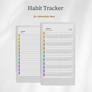 Może przedstawiać: Dwa tablety cyfrowe wyświetlające szablon śledzenia nawyków. Tekst "Habit Tracker" i "for reMarkable Move" znajduje się u góry. Jeden tablet pokazuje sekcję notatek, drugi układ kalendarza na styczeń z zakładkami oznaczonymi kolorami.
