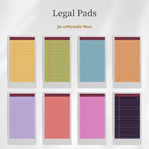 May include: Eight digital legal pad templates for reMarkable Move, each featuring a dark header, a vertical red margin line, and horizontal lines. The pads are displayed in yellow, green, blue, orange, purple, coral, pink, and dark purple colors.