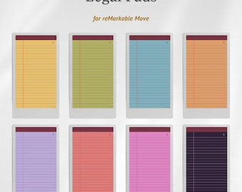Puede incluir: Ocho plantillas digitales de blocs de notas para reMarkable Move, cada una con un encabezado oscuro, una línea de margen roja vertical y líneas horizontales. Los blocs se muestran en colores amarillo, verde, azul, naranja, morado, coral, rosa y morado oscuro.