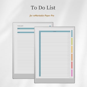 May include: A digital to-do list template for reMarkable Paper Pro featuring two screen views. One view shows a numbered list with checkboxes and colorful side tabs, while the other displays a task list with a notes section and blue headers.