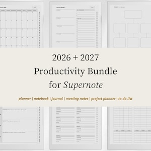 May include: A digital productivity bundle for Supernote featuring 2026 and 2027 planners, notebooks, journals, meeting notes, project planners, and to-do lists. The layout includes calendar views, task lists, and organizational templates.