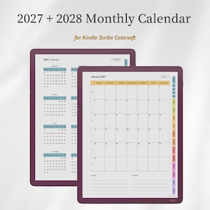 Könnte beinhalten: Ein digitaler Monatskalender für 2027 und 2028 für Kindle Scribe Colorsoft. Das Display zeigt ein Raster für Januar 2027 mit einer Seitenleiste aus farbigen Reitern, einem Bereich für Ziele und Notizen sowie eine Jahresübersicht.