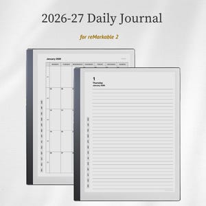 Op de afbeelding: Twee digitale tablets met een dagelijkse journaalindeling. De tekst bovenaan luidt "2026-27 Daily Journal" en "for reMarkable 2". Eén tablet toont een kalender voor januari 2026, de andere een gelijnde pagina voor notities.