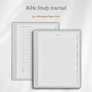 Może przedstawiać: Cyfrowy dziennik do studiowania Biblii dla reMarkable Paper Pure z dwoma ekranami. Jeden ekran pokazuje tracker Starego Testamentu z nazwami ksiąg i rozdziałami, a drugi liniowaną stronę zatytułowaną Genesis 1 z bocznymi zakładkami nawigacyjnymi.