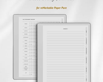 May include: A digital Bible Study Journal for reMarkable Paper Pure featuring two screens. One screen displays an Old Testament tracker with book names and chapter numbers, while the other shows a lined page titled Genesis 1 with side navigation tabs.