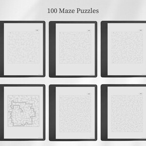 Pu&ograve; includere: Una collezione di 100 Maze Puzzles visualizzata su sei schermi di tablet digitali. Ogni schermo presenta un labirinto quadrato con linee nere su sfondo bianco, uno dei quali mostra un percorso tracciato in nero.