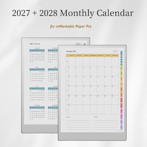 May include: A digital monthly calendar for 2027 and 2028 designed for reMarkable Paper Pro. The display shows a yearly overview with blue month headers and a detailed January 2027 monthly grid with a colorful side tab navigation bar.