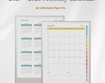 May include: A digital monthly calendar for 2027 and 2028 designed for reMarkable Paper Pro. The display shows a yearly overview with blue month headers and a detailed January 2027 monthly grid with a colourful side tab navigation bar.
