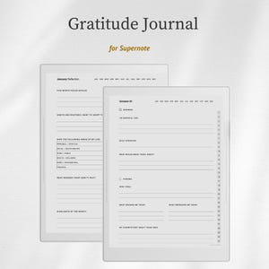 May include: A digital Gratitude Journal for Supernote featuring two white tablet screens. One screen displays a January Reflection page with monthly goals and habit trackers. The other shows an October 01 daily entry page with morning and evening prompts.