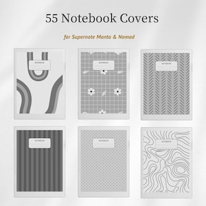 Può includere: Una collezione digitale di 55 copertine per quaderni per Supernote Manta & Nomad, con sei distinti design in scala di grigi tra cui arcobaleni, griglie floreali, spina di pesce, strisce verticali, pois e linee topografiche.