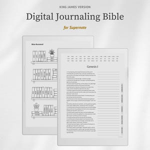 Könnte beinhalten: Eine digitale Journaling-Bibel für Supernote mit dem Text der King-James-Version. Das Display zeigt eine Bibelschnittstellen-Bibliothek mit Strichzeichnungen von Büchern und eine Genesis 1-Seite mit linierten Schreibfeldern und Navigationsreitern.