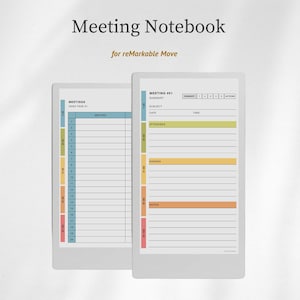 Pode incluir: Um modelo de caderno de reuniões digital para reMarkable Move com dois ecrãs de tablet brancos. O ecrã esquerdo mostra uma página de índice de reuniões, enquanto o ecrã direito apresenta um formulário de resumo com secções para participantes e agenda.