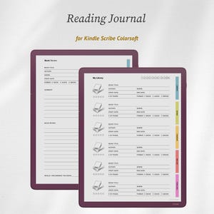 May include: A digital reading journal for Kindle Scribe Colorsoft featuring two tablet screens displaying book review and library templates. The interface includes fields for book title, author, genre, dates, and star ratings with colorful side tabs.