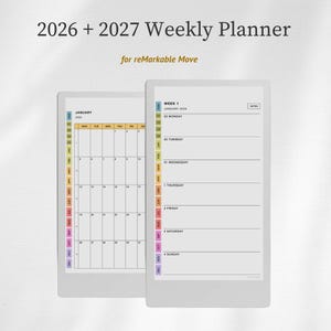 Può includere: Un'agenda settimanale 2026 e 2027 per reMarkable Move con due visualizzazioni digitali. Il lato sinistro mostra una griglia del calendario mensile per gennaio 2026, mentre il lato destro mostra un programma settimanale con schede mensili colorate.