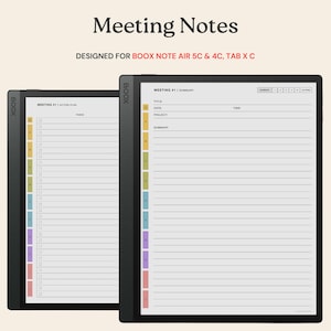 May include: Two black e-readers displaying meeting notes. The screens show lined pages with sections for title, date, and summary. The text "Meeting Notes" and "Designed for BOOX NOTE AIR 5C & 4C, TAB X C" are at the top.
