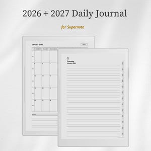 Könnte beinhalten: Ein digitales 2026 und 2027 Tagesjournal für Supernote mit einer Monatskalenderansicht für Januar 2026 und einer linierten Tagesseite für Donnerstag, den 1. Januar 2026, sowie seitlichen Navigationsreitern für jeden Monat des Jahres.