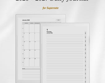 May include: A digital 2026 and 2027 daily journal for Supernote featuring a monthly calendar view for January 2026 and a lined daily page for Thursday, January 1, 2026, with side navigation tabs for each month of the year in a clean layout.
