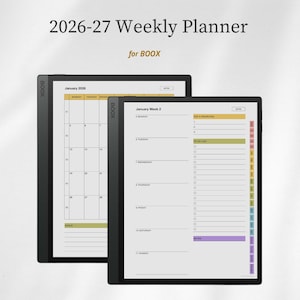 Puede incluir: Un planificador semanal 2026-27 para tabletas digitales BOOX. La pantalla muestra una vista de calendario mensual para enero de 2026 y un diseño semanal con secciones para prioridades, lista de tareas y notas, con una pestaña de navegación lateral.