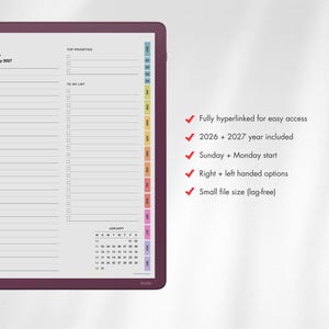 May include: A digital planner displayed on a tablet with a dark purple frame. The screen shows a daily schedule for Friday, January 2027, with sections for top priorities and a to-do list. Text lists features: Fully hyperlinked for easy access, 2026 + 2027 year included, Sunday + Monday start, Right + left handed options, Small file size (lag-free).