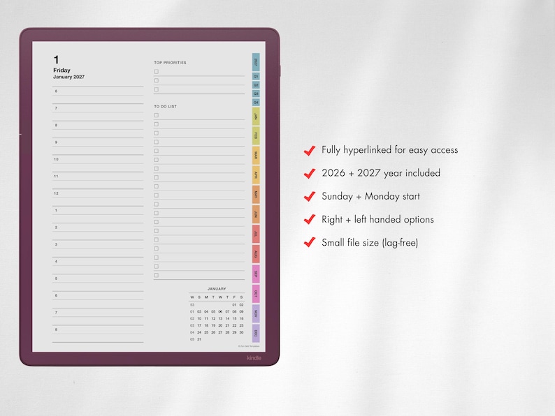 May include: A digital planner displayed on a tablet with a dark purple frame. The screen shows a daily schedule for Friday, January 2027, with sections for top priorities and a to-do list. Text lists features: Fully hyperlinked for easy access, 2026 + 2027 year included, Sunday + Monday start, Right + left handed options, Small file size (lag-free).