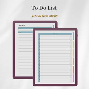 May include: Two digital tablet screens displaying a To Do List for Kindle Scribe Colorsoft. The screens feature a white background with light blue headers, numbered rows from 1 to 30, and checkboxes. The right side shows colorful tabs.