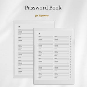May include: Two digital password books for Supernote. The books are white with a grid layout for website, username, password, and notes. The text "Password Book" and "for Supernote" are at the top.