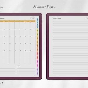 May include: A digital planner interface displaying two pages: a January 2027 monthly calendar grid with Sunday and Monday start options, and a lined January Notes page. Both pages feature colorful side tabs for navigation and hyperlinked days.
